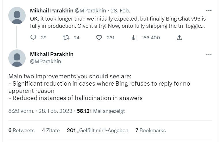 Ein Screenshot zeigt den Tweet von Bing CEO Mikhail Parahkin