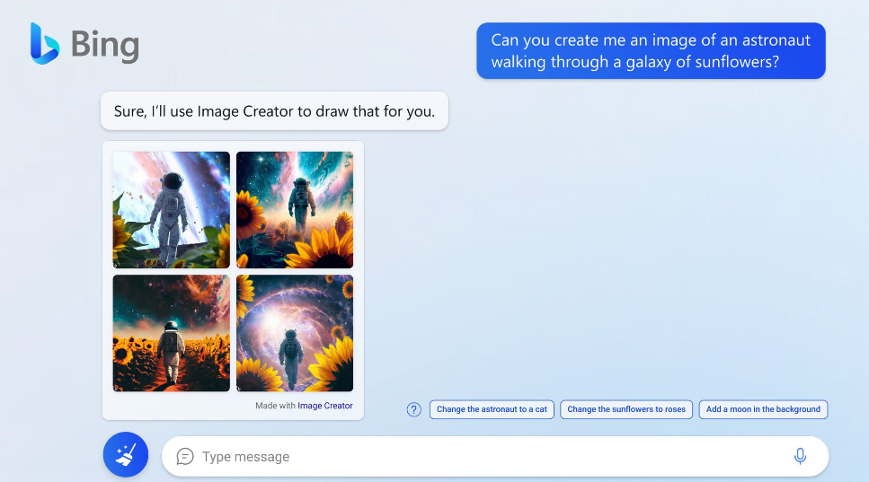 Ein Screenshot zeigt ein Beispiel des Bing Chat Image Creator