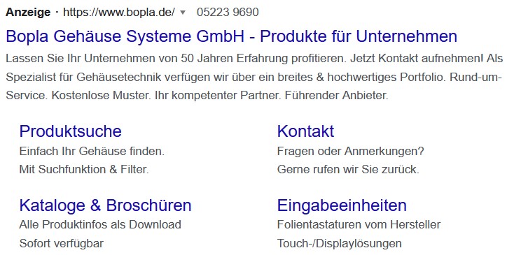 Screenshot eines Auszugs einer Google Ads Anzeige in den SERPs